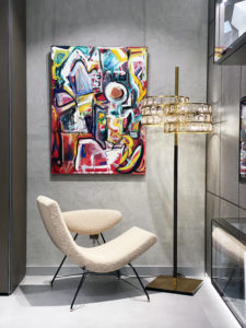 Lea Fisher’s “Within the Realm,” 2014, a 3-D canvas from Samuel Lynne Galleries that dialogues with CASA Houston’s collection of furnishings from Rimadesio, Viabizzuno, and Tacchini.