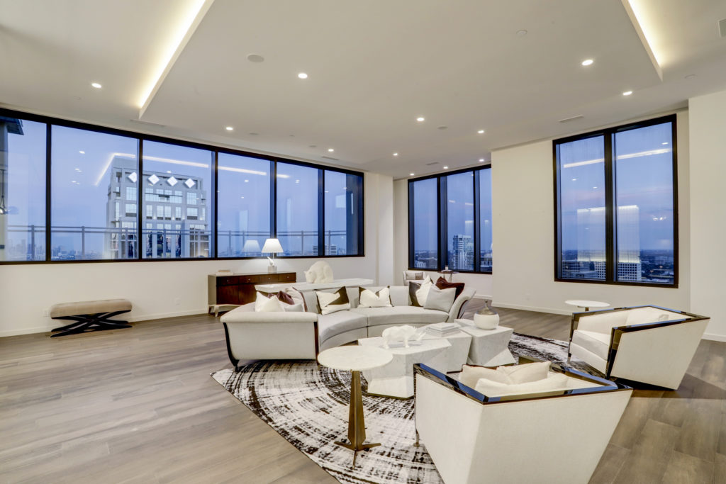 The penthouse living room in The Astoria, at 9,500 square feet it is on the market for $7,999,999 with Nancy Almodovar, founder of Nan and Company Properties. (Photo by TK Images)