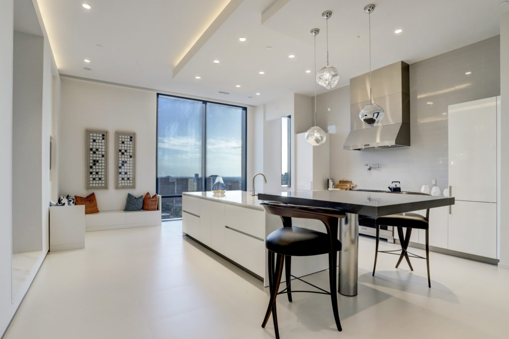 The uber sleek kitchen in The Astoria penthouse, at 9,500 square feet it is on the market for $7,999,999 with Nancy Almodovar, founder of Nan and Company Properties. (Photo by TK Images)