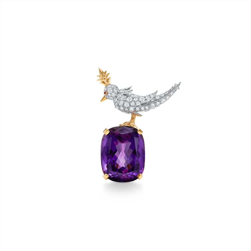 Bird on a Rock brooch designed by Jean Schlumberger for Tiffany & Co, in gold and platinum. Birds are set with diamonds and pink-sapphire eyes, perched on tourmaline, morganite, and aquamarine stones.