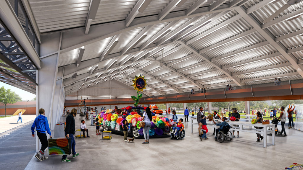 In the expanded Orange Show campus, spaces will host creative workshops for would-be visionary artists. (Rendering courtesy of Rogers Partners)