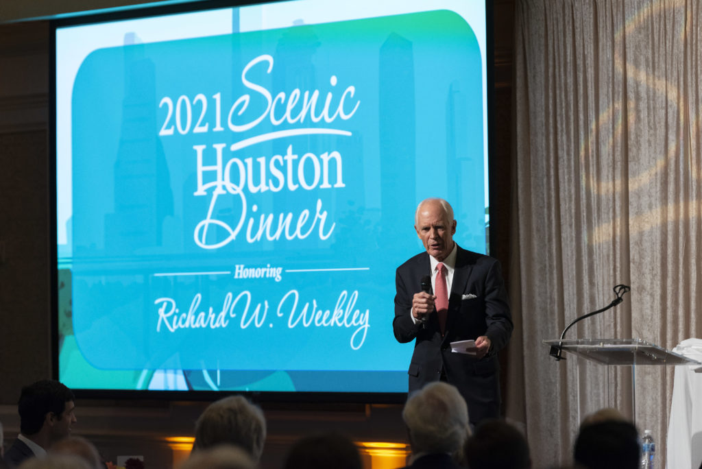 Dick Weekley on stage at River Oaks Country where he was honored at the Scenic Houston annual dinner.