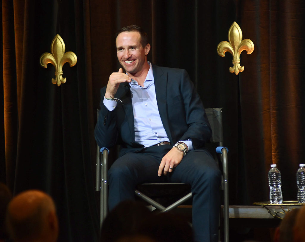 Special guest Drew Brees, former New Orleans Saints quarterback, in the hot seat at the Touchdown for TEACH dinner at River Oaks Country Club.  (Photo by Dave Rossman)