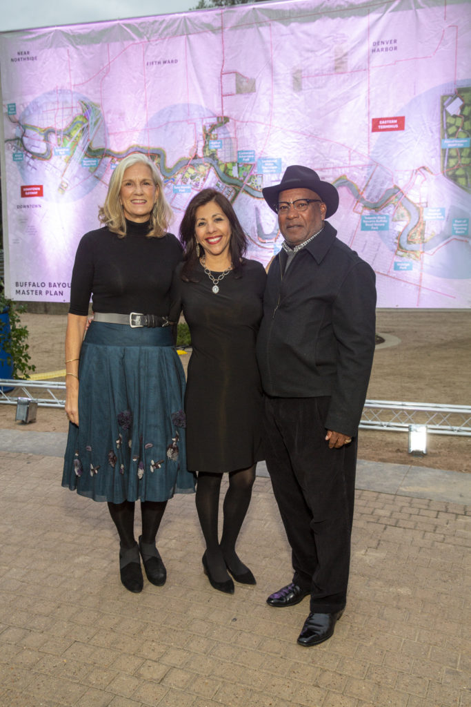 Buffalo Bayou Partnership gala honorees Anne Whitlock, Gloria Zenteno, Rev. Harvey Clemons Jr. during the evening held on the historic Sabine Street Bridge. (Photo by Jenny Antill)