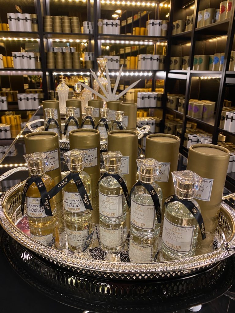 Krigler perfume come beautifully packaged in Murano glass bottles and cylindrical boxes.