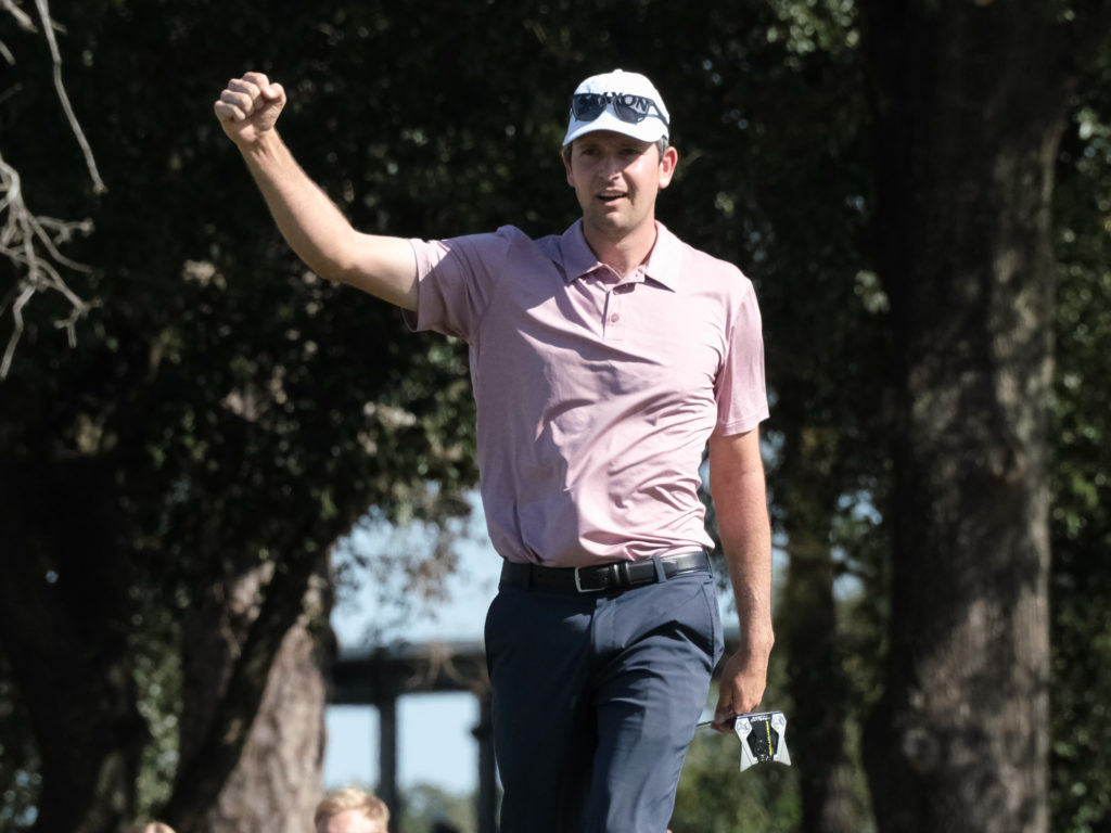 Martin Trainer reacts to sinking a 71-foot birdie putt on No. 11 at the Houston Open. (Photo by F. Carter Smith)