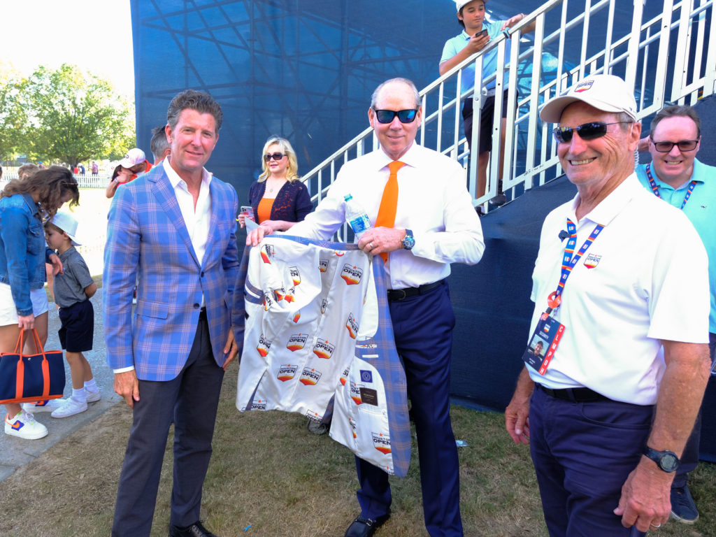 There are only about 10 of these Houston Open suit jackets. Jim Crane has one — and he later offered one to Jason Kokrak. (Photo by F. Carter Smith)