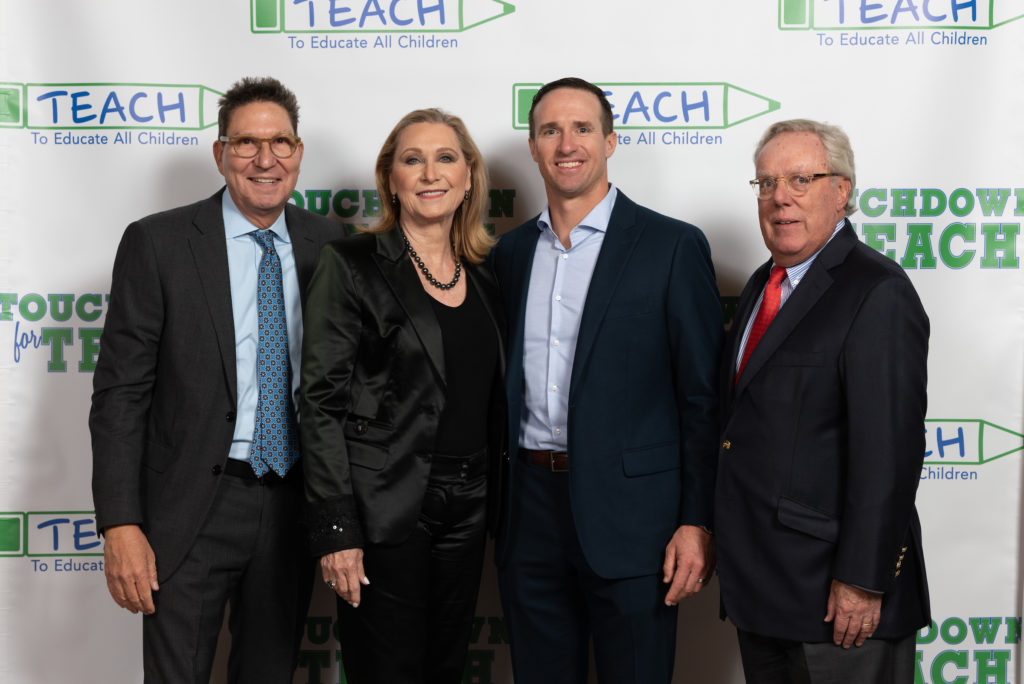 Scott McClelland, Carol Linn, Drew Brees, Mike Linn at the Touchdown for TEACH dinner held at River Oaks Country Club. (Photo by Daniel Ortiz)