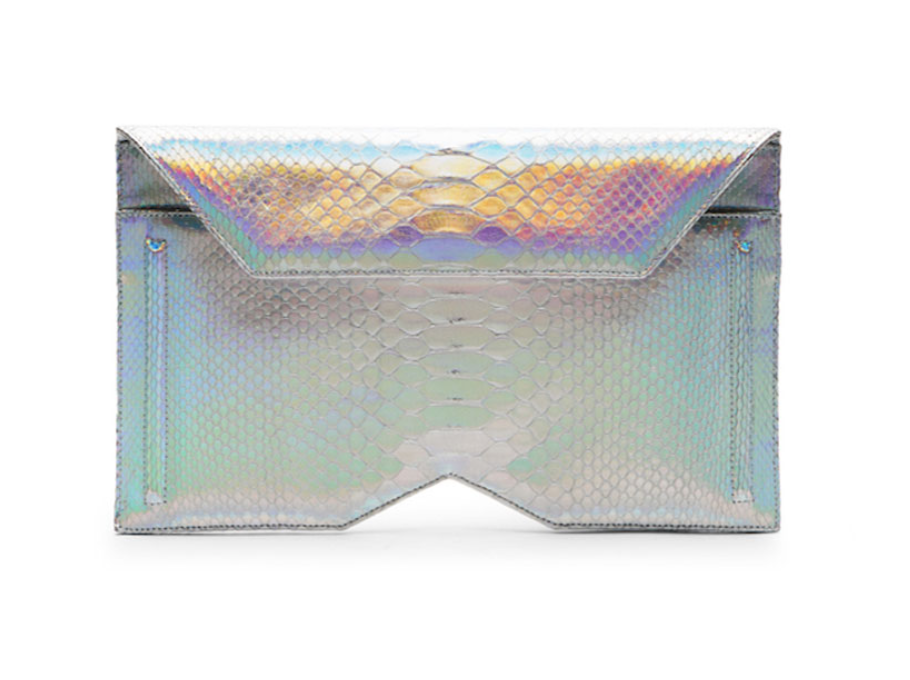 Susie Straub Mueller Linea clutch, silver holographic, Italian python, $2,250, available at susiestraubmueller.com