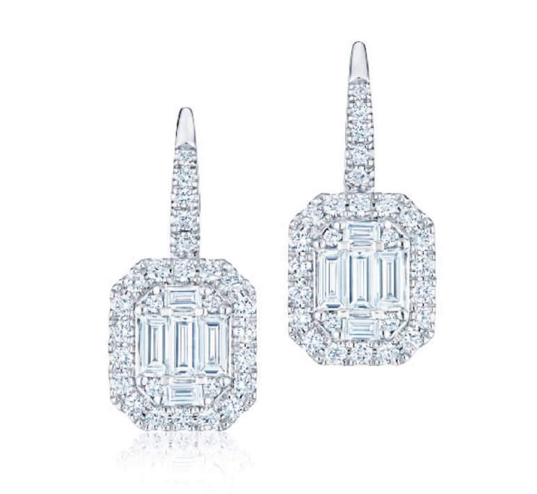 Kwiat Emerald Cut Diamond Drop Earrings with Eye-Catching Halo in 18k White Gold.