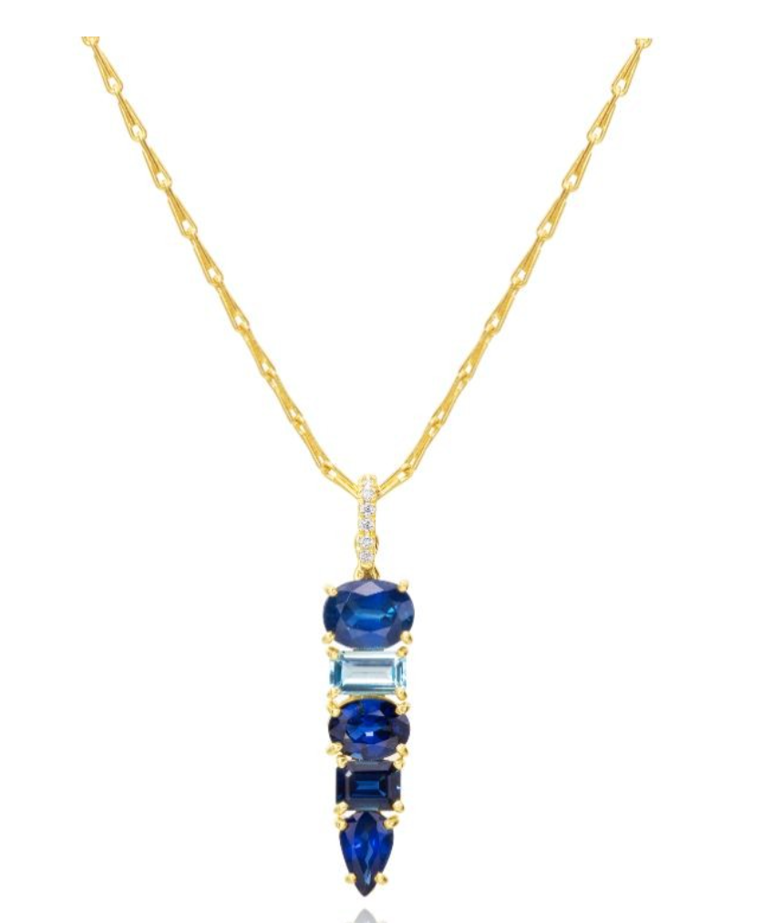 Lauren K Intricately Stacked 18k Yellow Gold Pavé Necklace with Diamond, Blue Sapphire and Aquamarine Stones.