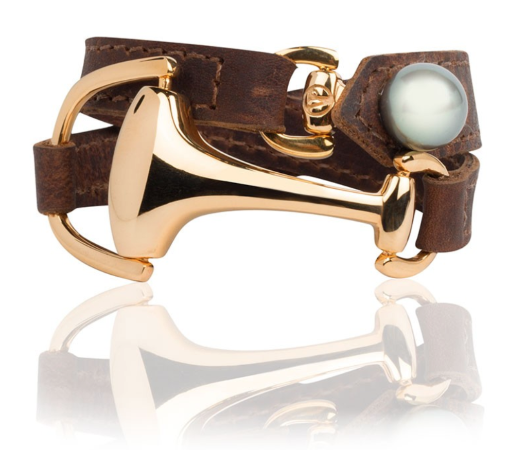 Vincent Peach Yellow Gold Montana Leather Bracelet with Tahitian Pearl Clasp.