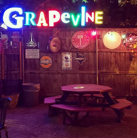 The lights are always up on the patio at the Grapevine Bar