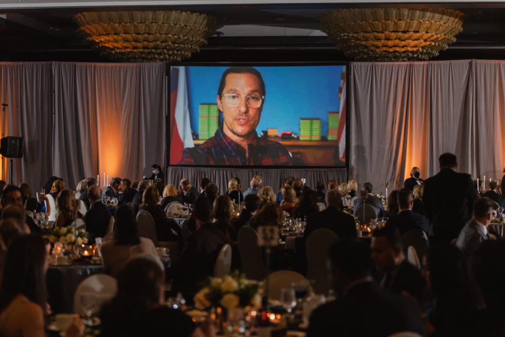 Matthew McConaughey delivers a video message of support for the Crime Stoppers of Houston gala. (Photo by CatchlightGroup.com)