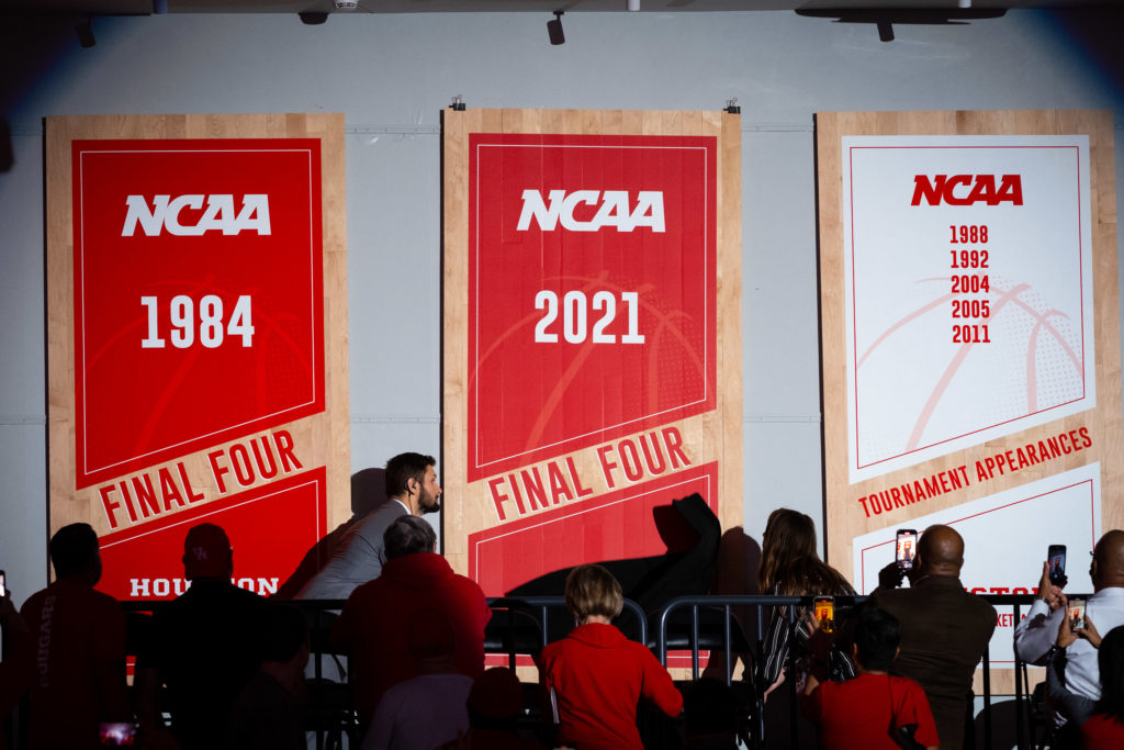 The 2021 Final Four is up in the Fertitta Center, a symbol of a special team. (Photo by F. Carter Smith)