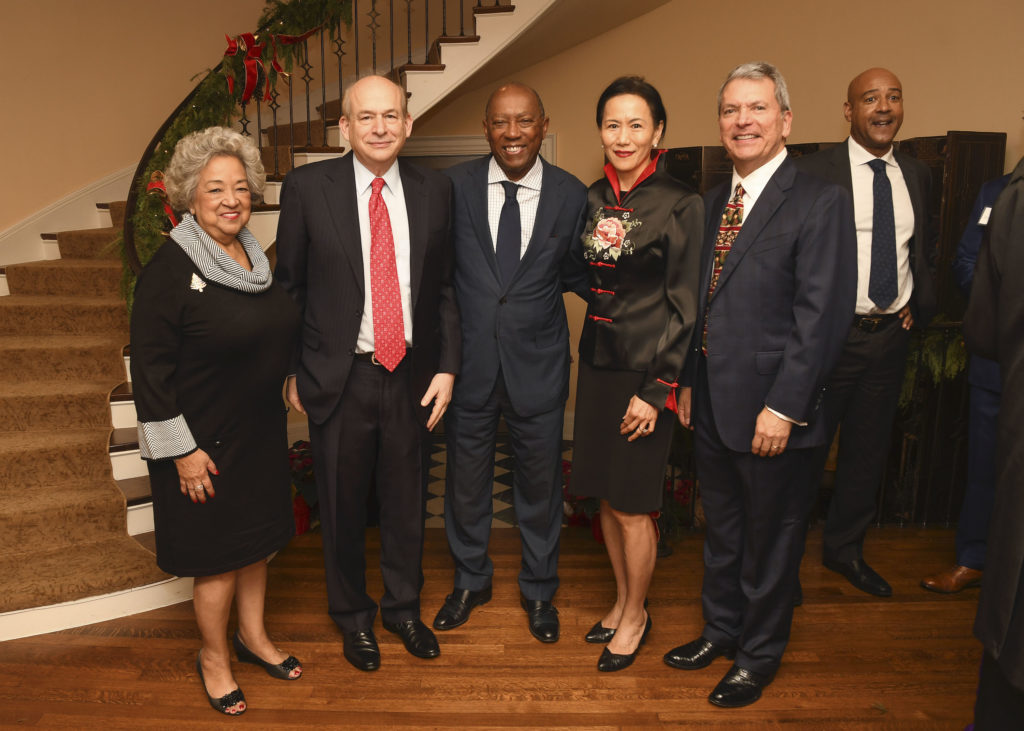 Lenora Sorola Pohlman, David Leebron, Mayor Sylvester Turner, Y. Ping. Sun, Roland Garcia, in the background incoming Rice president Reginald DesRoches, at the Mayor's Hispanic Advisory Board annual holiday reception. (Photo by Vicky Pink)