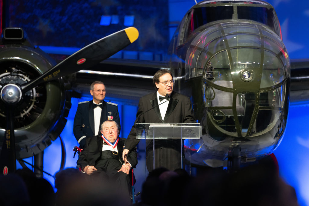 Trey Wyatt speaks on behalf his father, Oscar Wyatt at the Lone Star Flight Museum Gala honoring Oscar Wyatt. (Photo by Daniel Ortiz)