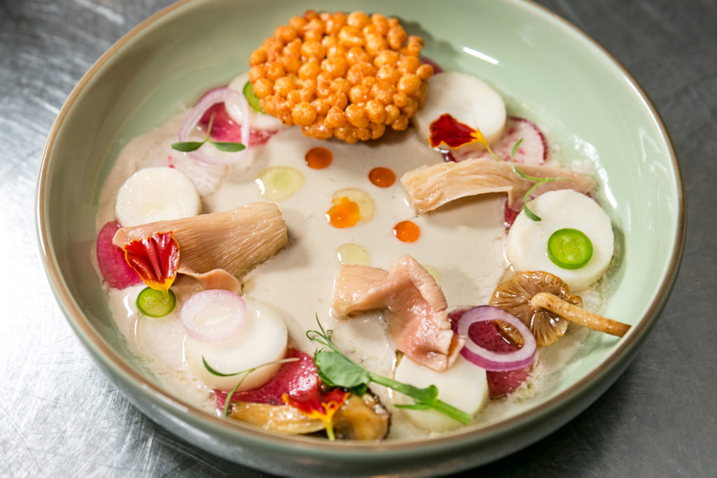 Urban Harvest Sunday Supper second course Mushroom Ceviche prepared by Musaafer chef Mayank Istwal. (Photo by Emily Jaschke)