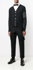 Thom Brown four-bar v-neck cardigan, $950, available at Traffic LA stores and online at shoptrafficla.com and thombrowne.com.