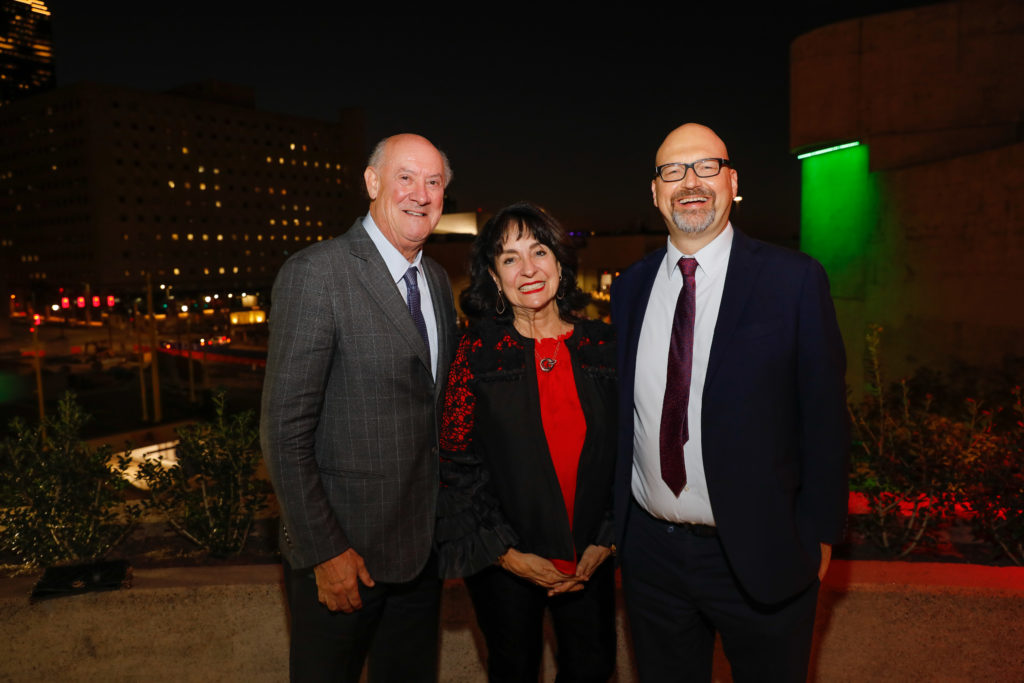 Alley board president Ken Kades & Mady Kades with Alley artistic director Rob Melrose at the 'Deck the Trees' event (Photo by Priscilla Dickson)
