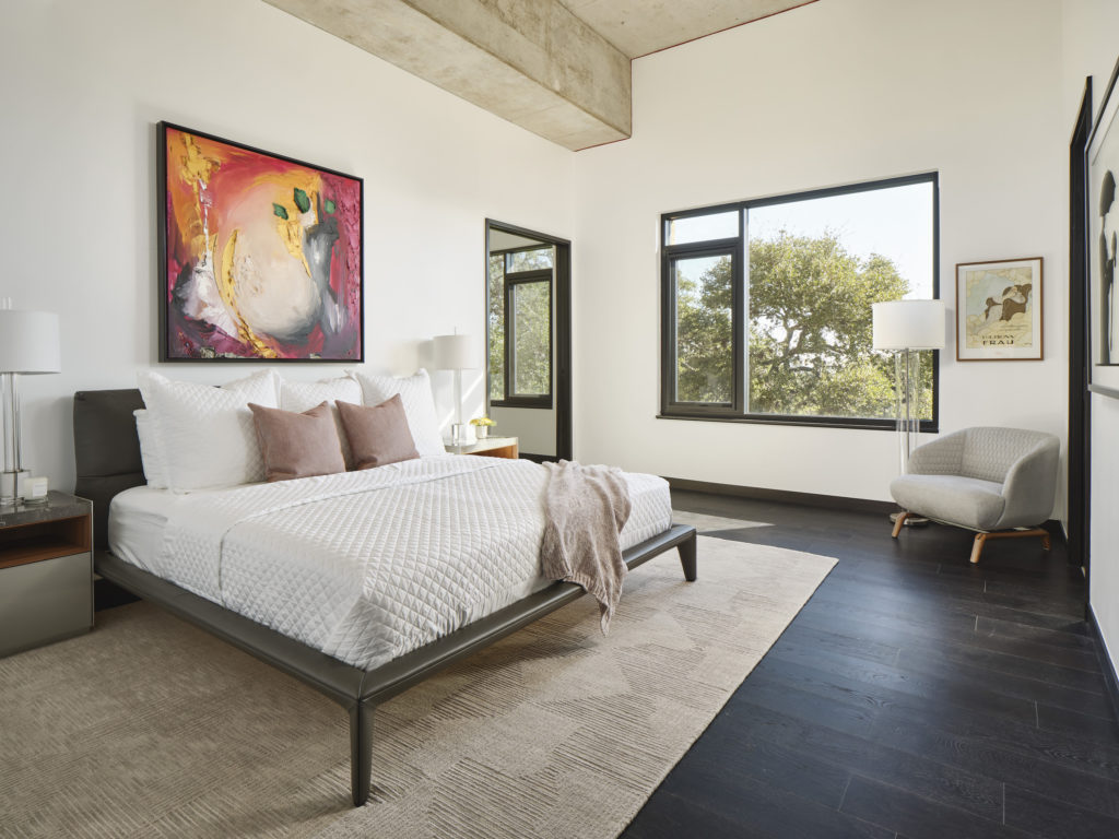 Poltrona Frau bed, Rimadesio nightstand and JD Miller "Trans Dimensional Portal" artwork.