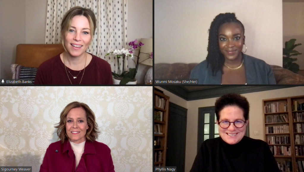 Director Phyllis Nagy, Elizabeth Banks, Sigourney Weaver and Wunmi Mosaku attend the Q&A at the virtual Premiere of <i>Call Jane</I>.