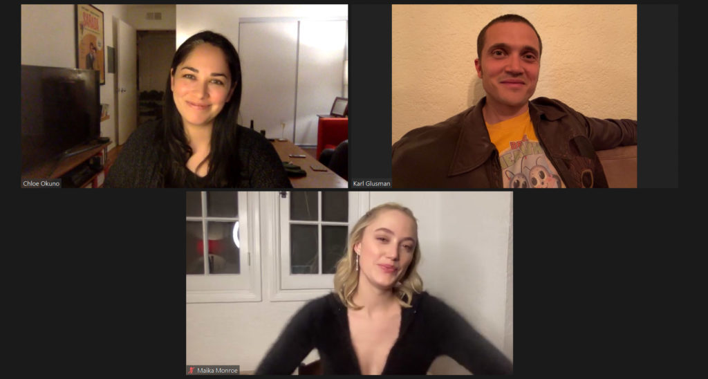 Director Chloe Okuno and actors Karl Glusman and Maika Monroe attend the Q&A of the virtual premiere of <i>Watcher</I>.