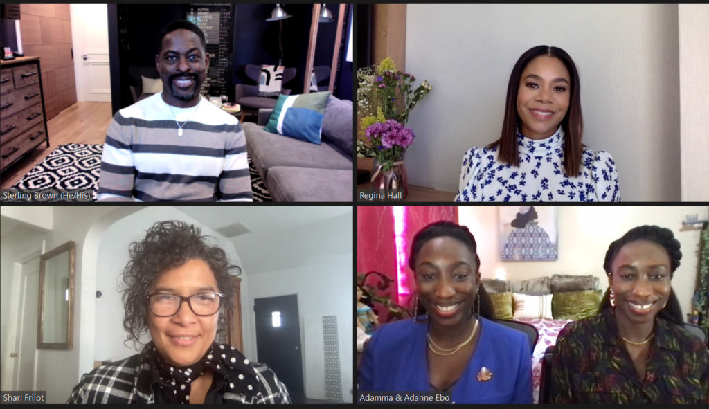 Actors Sterling K. Brown and Regina Hall, director Adamma Ebo and producer Adanne Ebo attend a Q&A moderated by programmer Shari Frilot following the virtual premiere of <i>Honk For Jesus. Save Your Soul.</I>.
