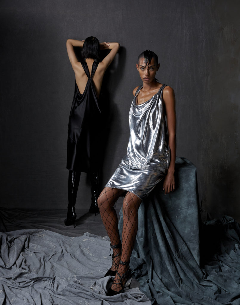 Bach Mai celadon metallic foiled lacke and gray silk organza babydoll volant dress. (Photo by Dimitri Hyacinthe)