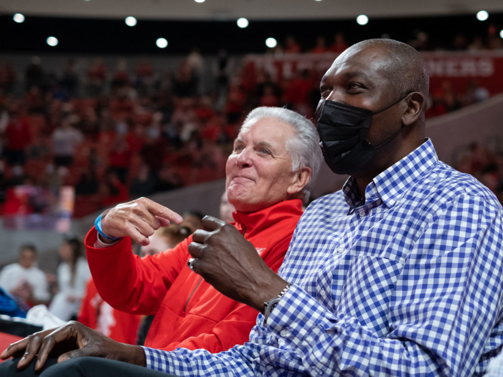 Bill Worrell and Hakeem Olajuwon   (Photo by F. Carter Smith)