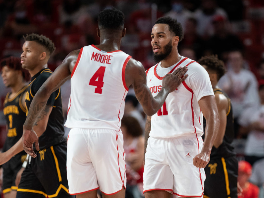 Taze Moore and Kyler Edwards know they need to do more for this Marcus Sasser-less Houston team.  (Photo by F. Carter Smith)