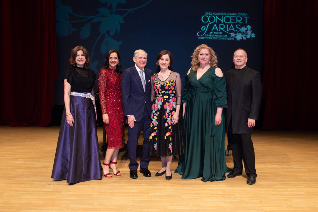 Concert of Arias judges Ana Maria Martinez, Houston Grand Opera general manager and CEO Khori Dastoor, event chairs Drs. Jack Roth & Liz Grim, judges Christine Goerke and Patrick Summers, HGO artistic and music director (Photo by Wilson Parish)