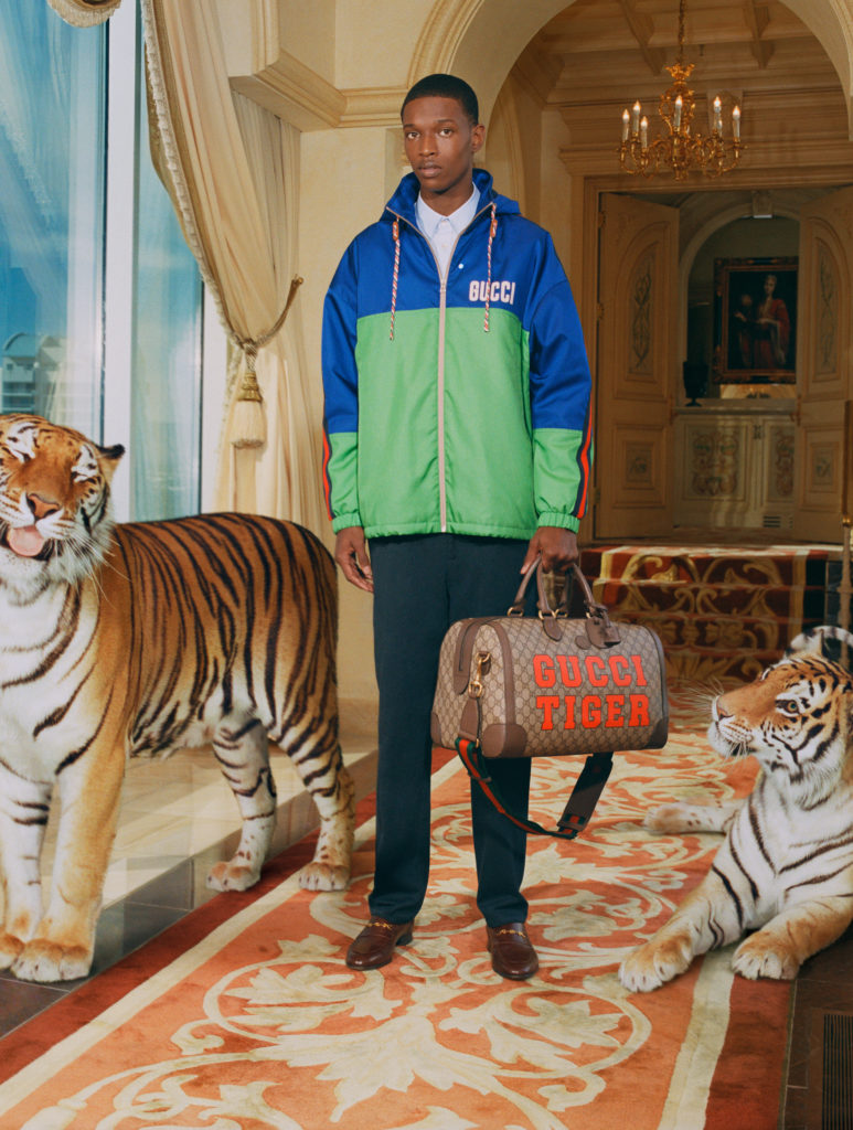 Gucci salutes the Year of the Tiger with a complete ready-to-wear and accessories collection embellished with the tiger image or 'Gucci Tiger' labeling.