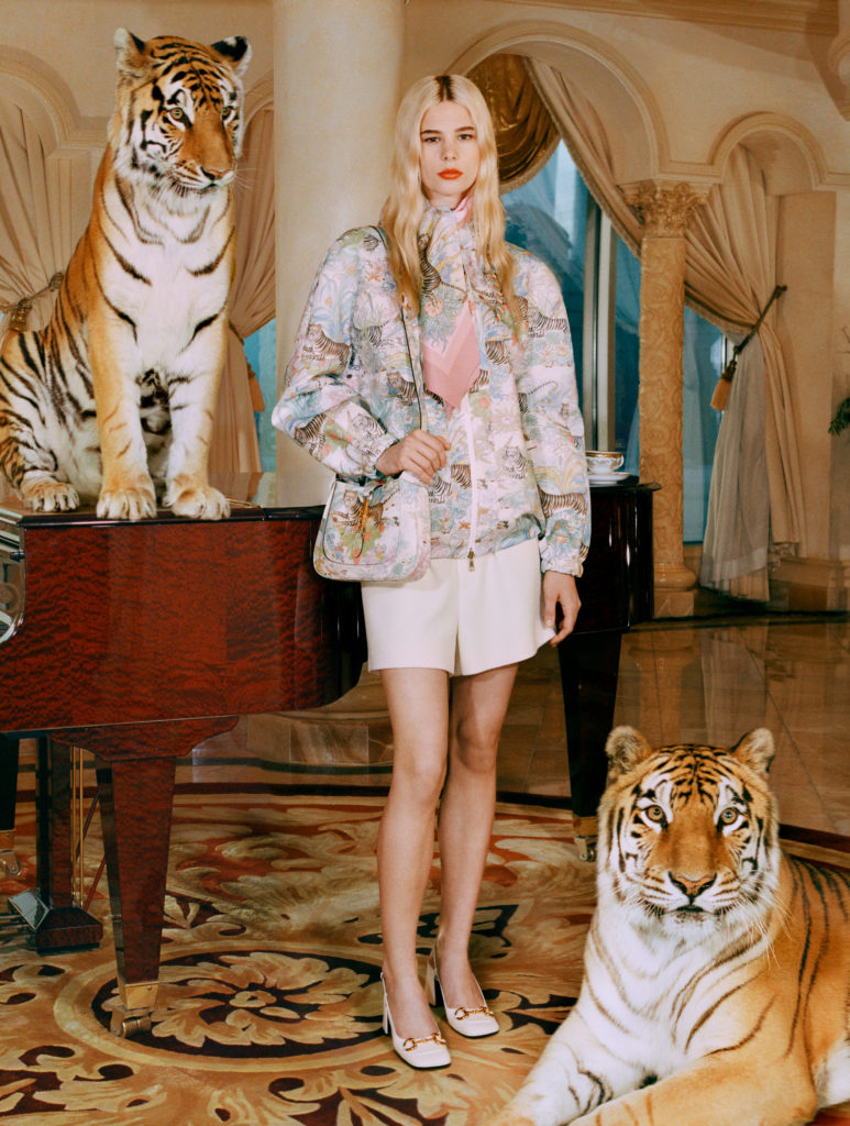 Gucci salutes the Year of the Tiger with a complete ready-to-wear and accessories collection embellished with the tiger image or 'Gucci Tiger' labeling.