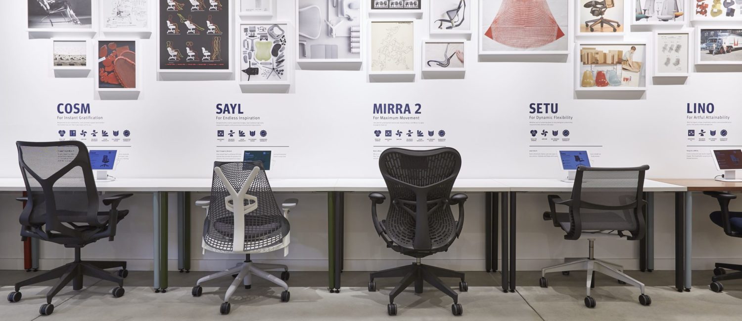Array of seating styles offered at the new Herman Miller seating concept store in The Woodlands