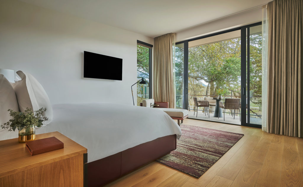 The suites at Montage Healdsburg offer state of the art plush amenities with floor to ceiling glass doors for an indoor/outdoor feel.  (Photo by Christian Horan)