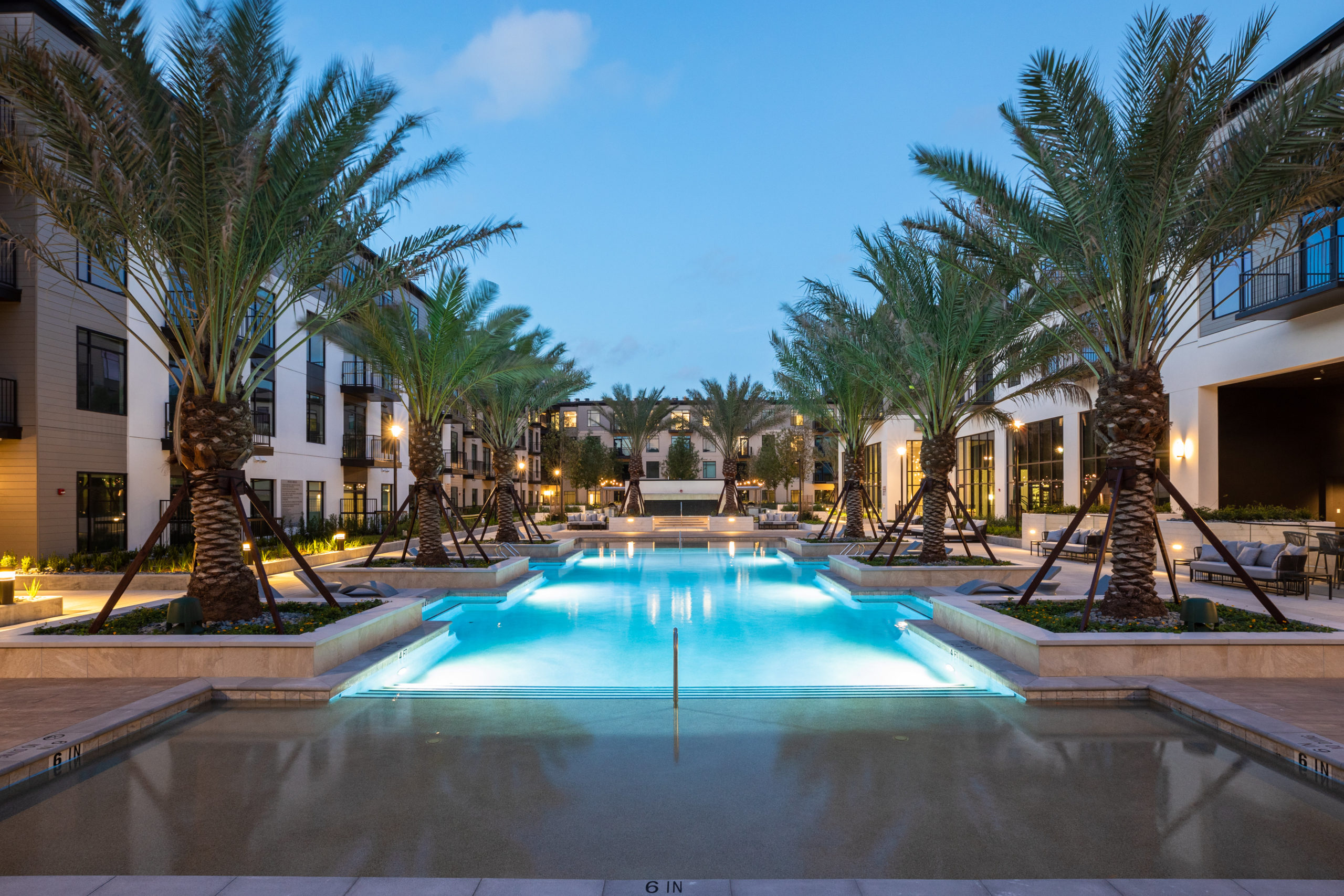 The 102-foot long resort style pool is focal point of the fourth floor terrace in The Sterling at Regent Square, a project of GID Development Group.