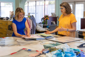 Samantha picks fabrics for guayaberas with Caroline Matthews of Dos Carolinas in San Antonio