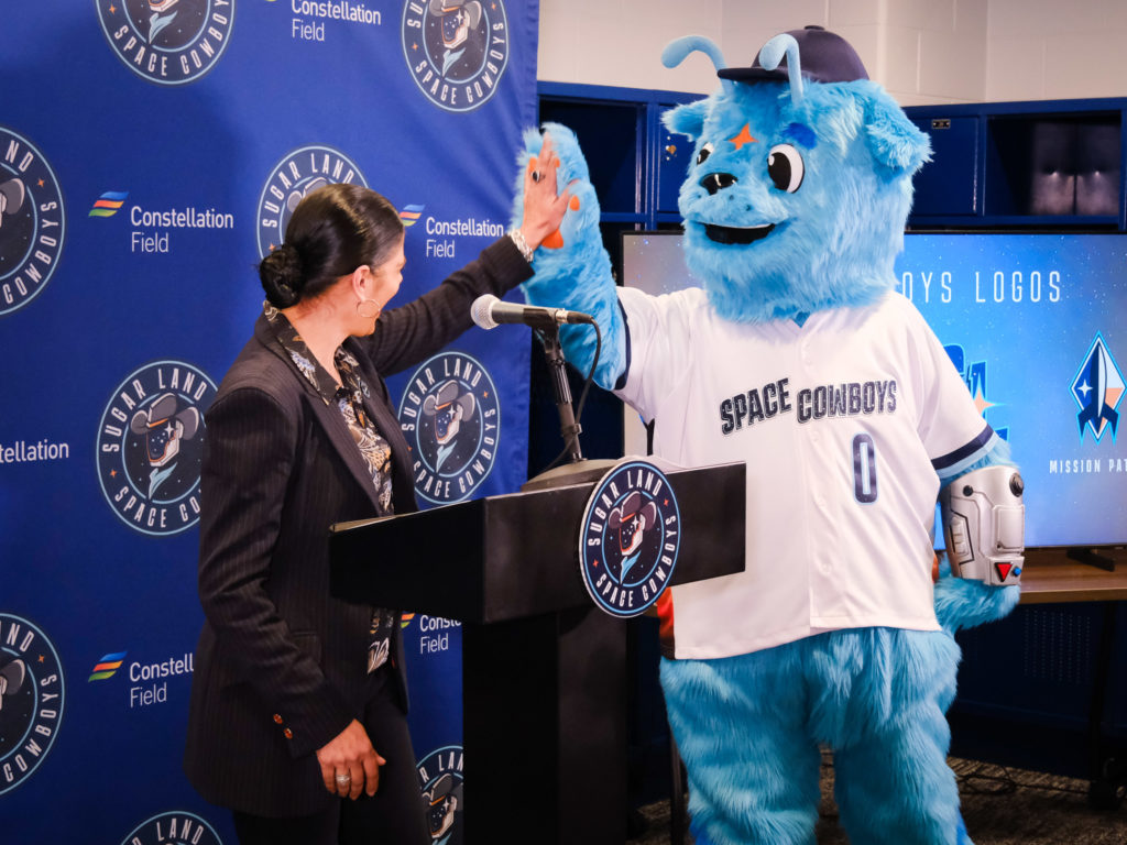 The Sugar Land Space Cowboys' new mascot is a cosmic space dog named Orion. Remind you of anyone? Maybe a friendly green alien. (Photo by F. Carter Smith)