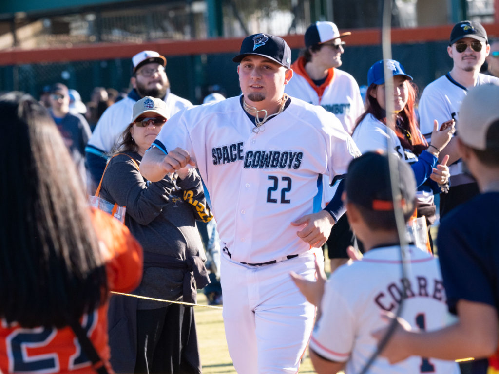 Houston Astros pitching prospect Chad Donato digs the new Space Cowboys look. (Photo by F. Carter Smith)
