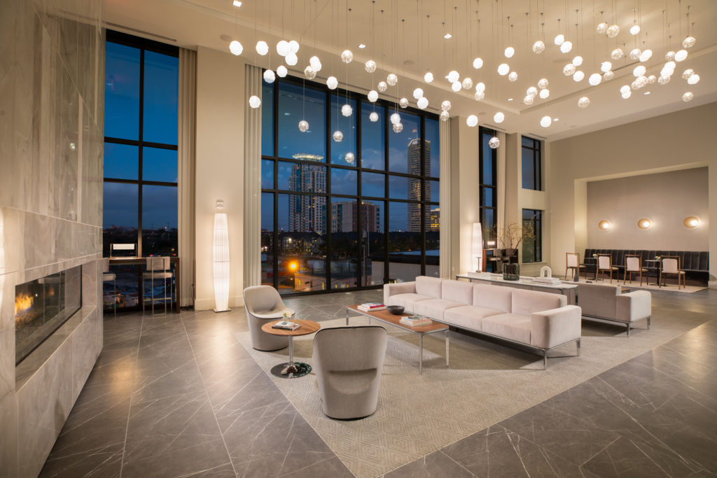 A hotel lobby? No. It’s The Dunlavy room in The Sterling at Regent Square,  a project of GID Development Group, development in Houston’s Montrose.