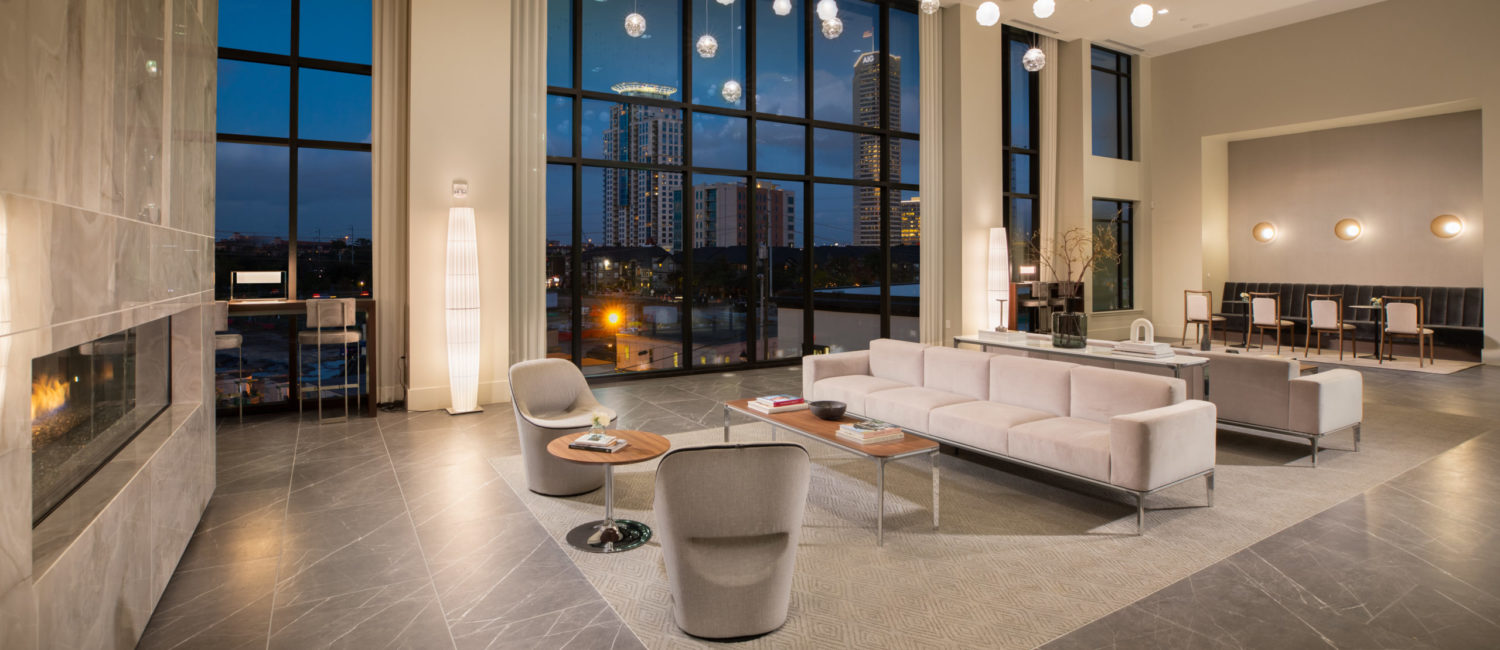 A hotel lobby? No. It’s The Dunlavy room in The Sterling at Regent Square,  a project of GID Development Group, development in Houston’s Montrose.
