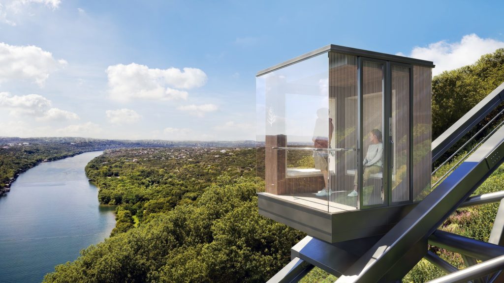 A $15 million funicular elevator will whisk homeowners at Four Seasons Private Residences Lake Austin down to the lake in air conditioned comfort.