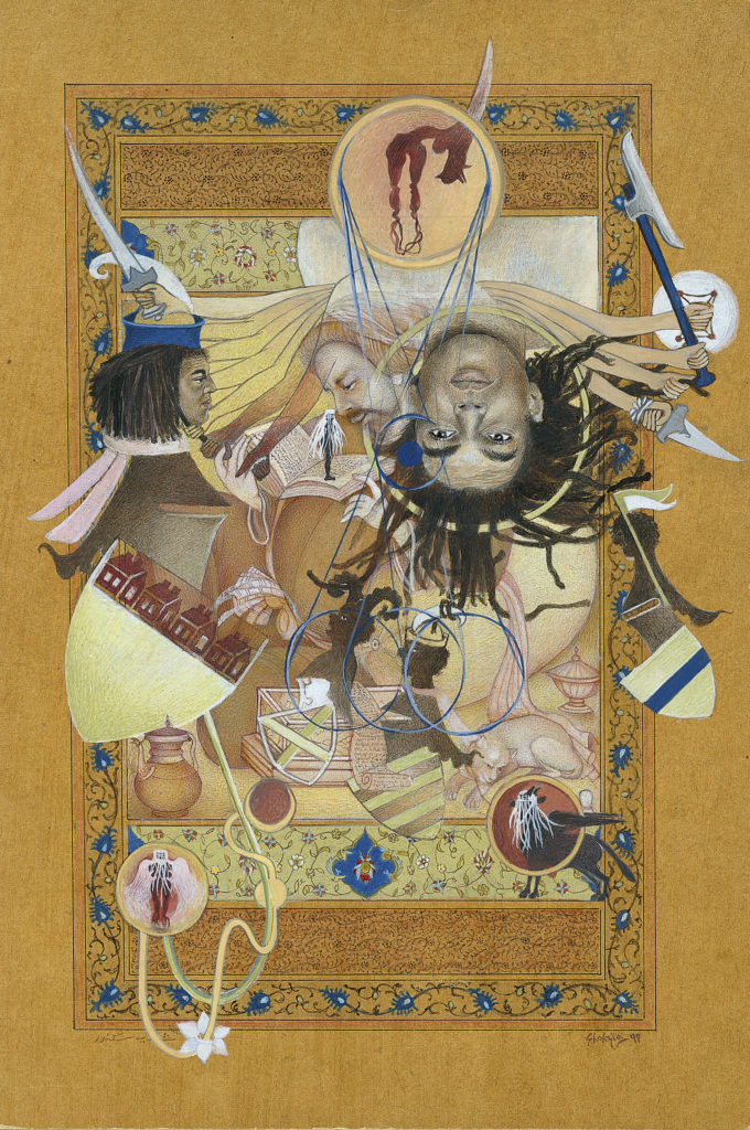 Shazia Sikander's intricate manuscript painting will be on view at MFAH, beginning March 20.  This painting is entitled, "Eye-I-ing Those Armorial Bearings"