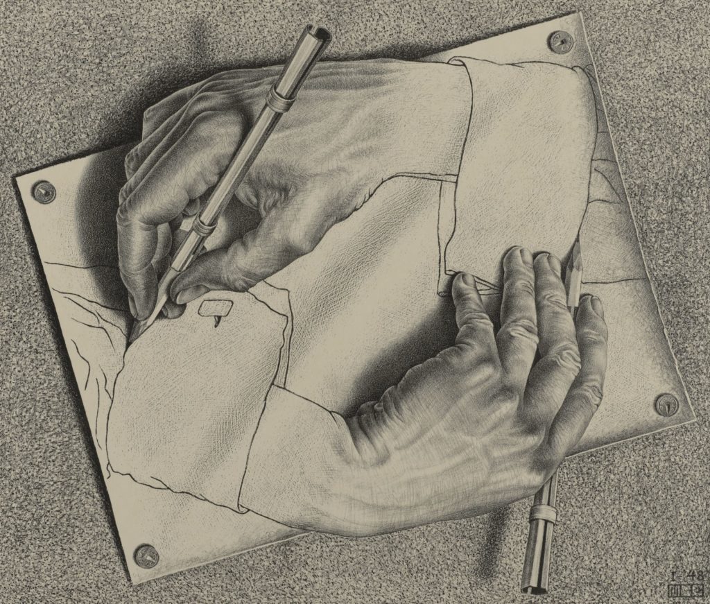 Escher's remarkable precision and talent emerges in his "Drawing Hands" lithograph which offers a paradoxical perspective of "living hands"--two hands drawing each other.
