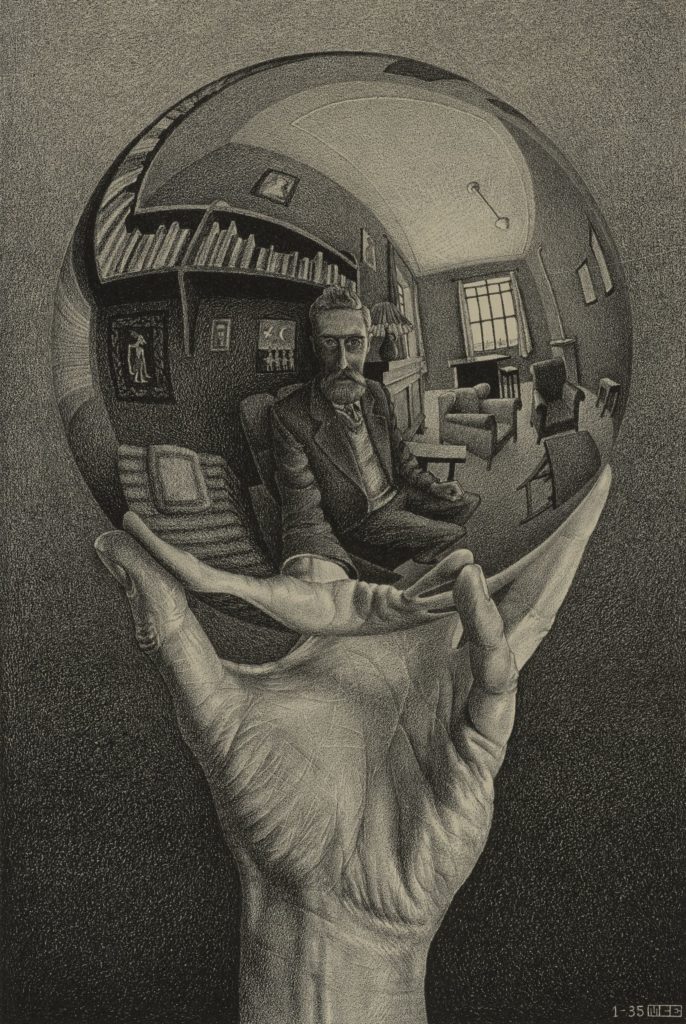Escher's "Hand with Reflecting Sphere" is one of his most famous lithographs, depicting a hand holding a reflective sphere where the artist and his surroundings are on full view.
