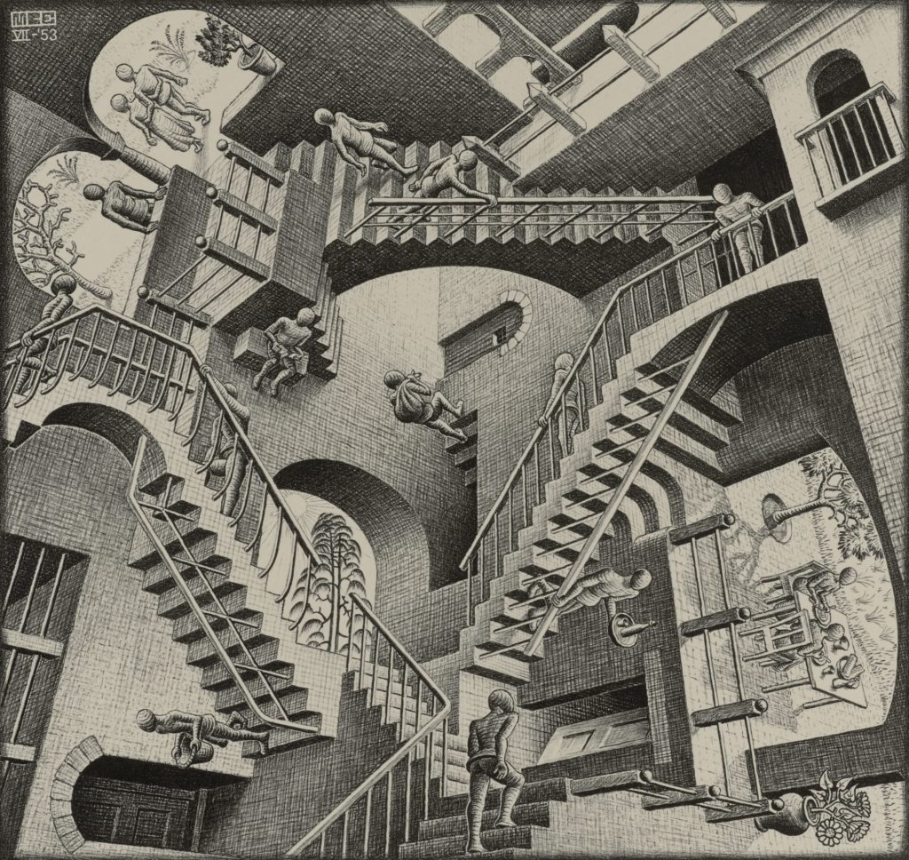 In the haunting lithograph, Relativity, Escher presented a tridimensional optical illusion where faceless people are venturing up and down staircases defying the laws of gravity. 
