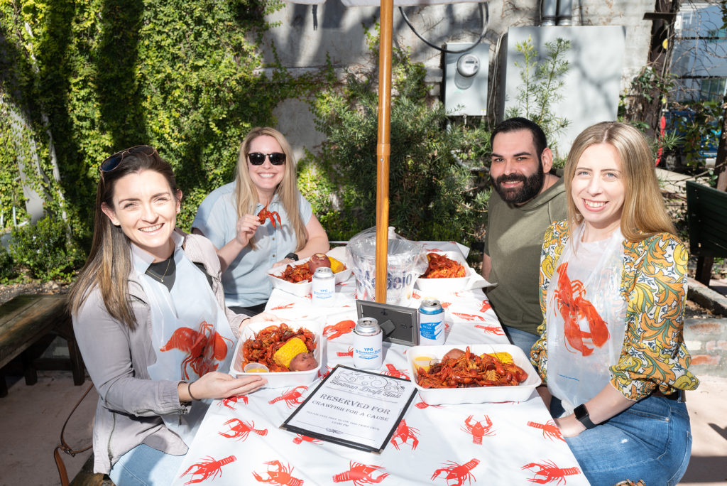 Catherine Murray, Elizabeth Galante, Joel Bazan, Meredith Shields at the Crawfish for a Cause fundraiser. (Photo by Daniel Ortiz)