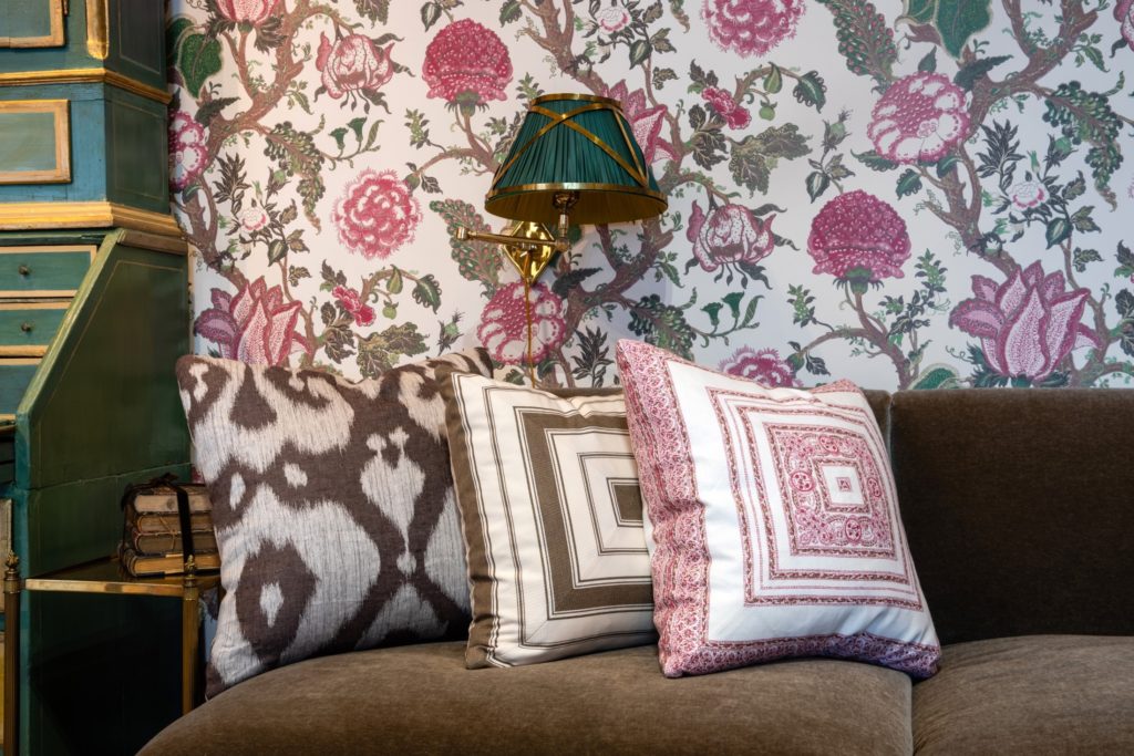 Casa Branca Audrey wallpaper and fabric inspired by an antique textile in Alessandra Branca's collection, printed on upholstery-weight linen, to the trade at James showroom