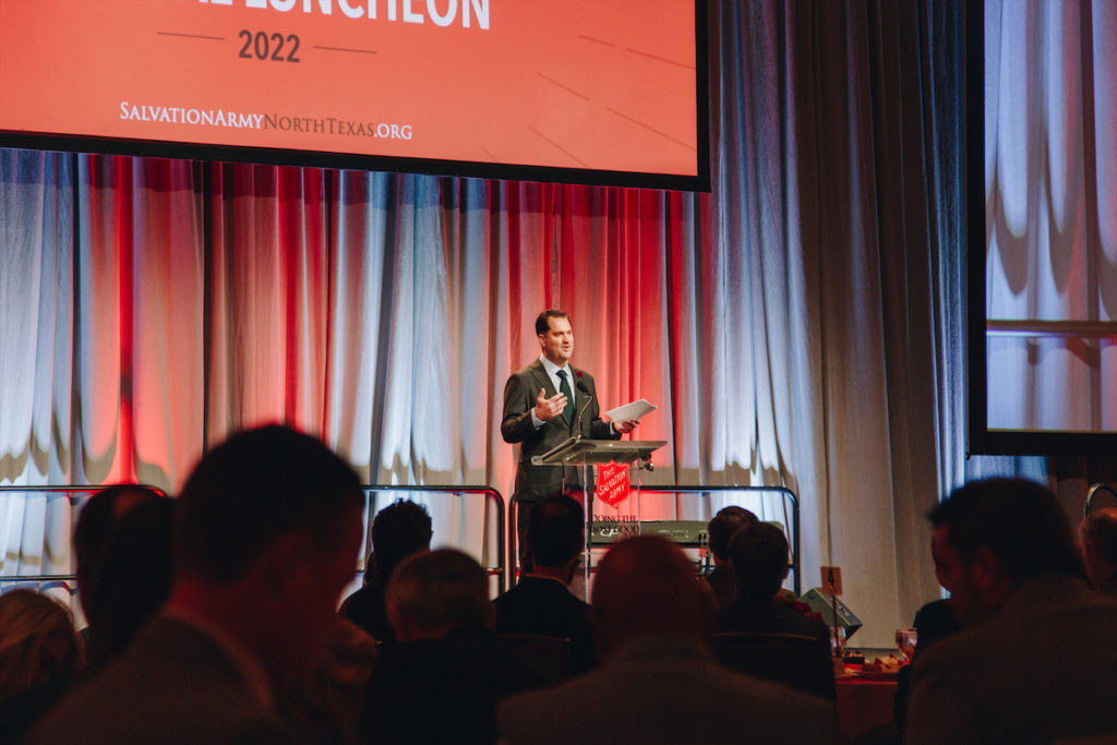 Jay Dunn addressing the guests at the Salvation Army's Doing the Most Good Luncheon, Women’s Auxiliary Fashion Show & Luncheon 2022.